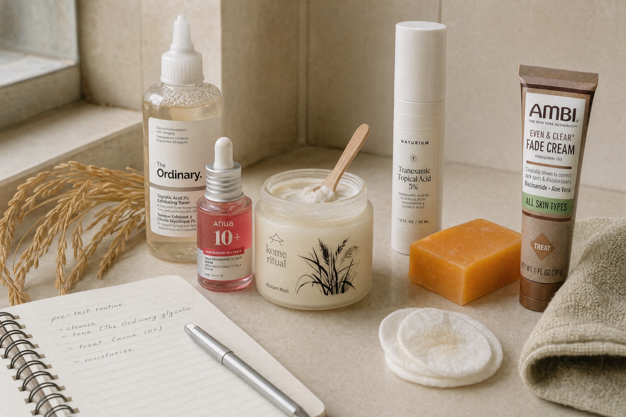 The six dark-spot products we tested, laid out on a bathroom counter with a reviewer's notebook